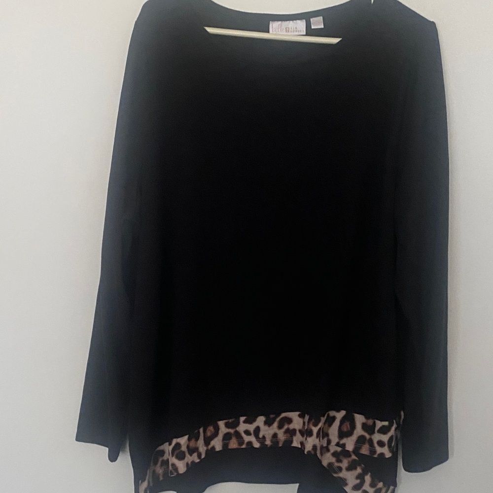 Belle by Kim Gravel Black Blouse with Leopard Trim